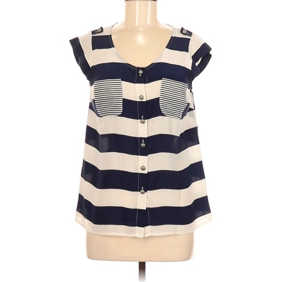 Anthropologie Tops - Anthropologie Odille Silk Stripe Cap Sleeve Button Front Blouse Navy Ivory Large